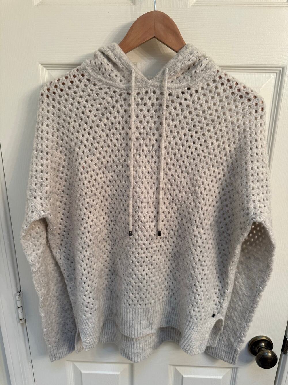 One Grey Day Open Knit Split Hem Wool/Silk Gray Oat Hooded Sweater Size Small
